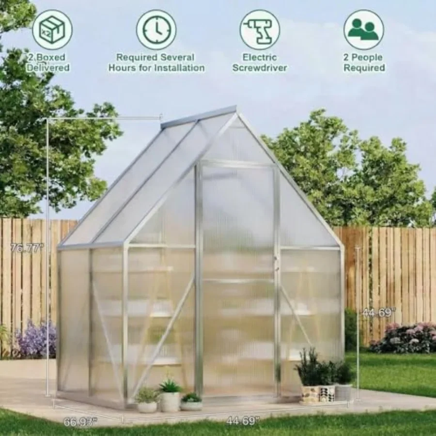 6 x 4 FT polycarbonate greenhouse kit for outdoor gardening, green color, heavy-duty UV-resistant panels and rust-proof aluminu
