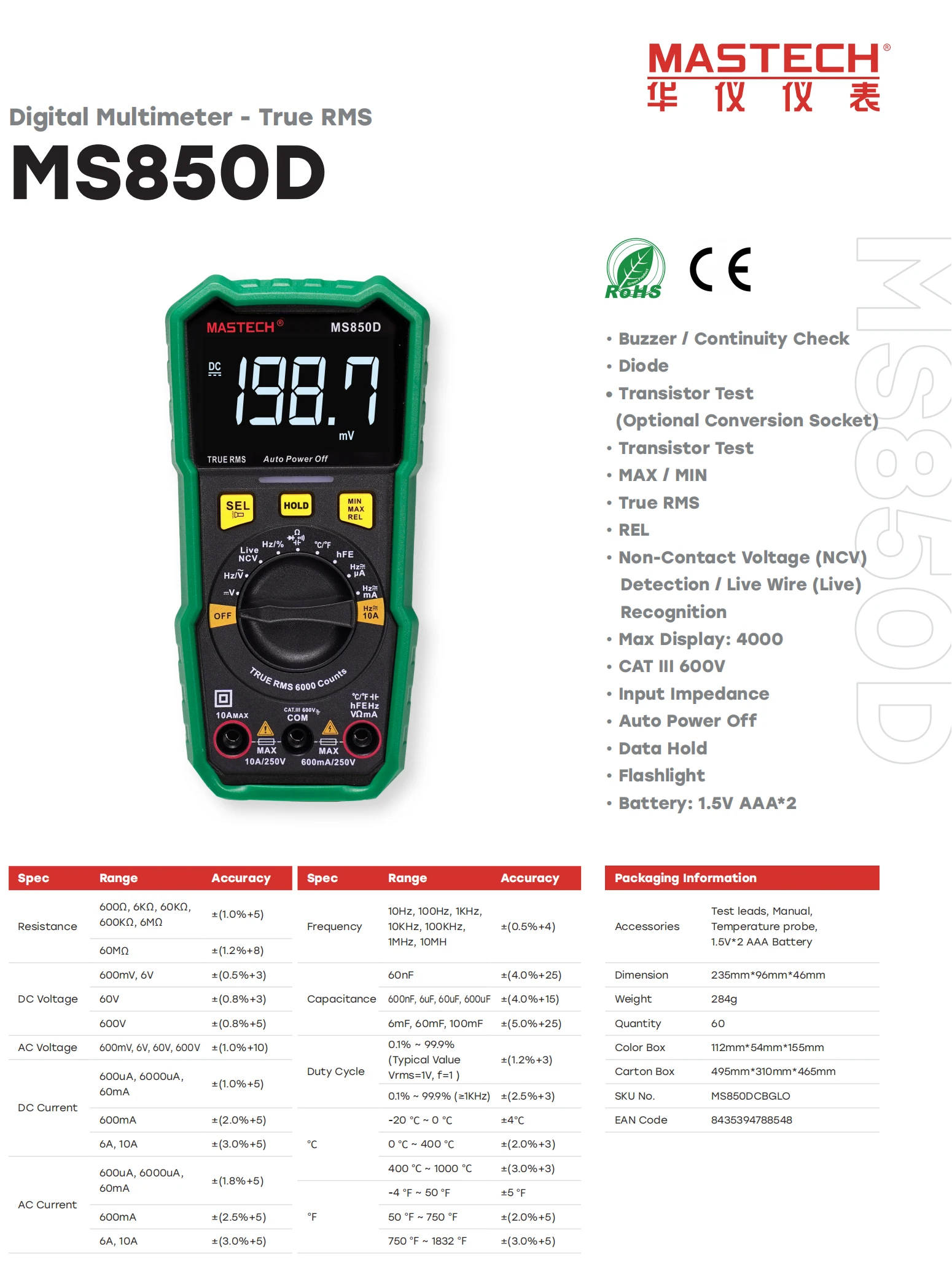 Imagem -02 - Mastech Multímetro Digital Ms850d 2000 Contagens Variação Automática ac Tensão dc Medição de Temperatura Medição Multímetro