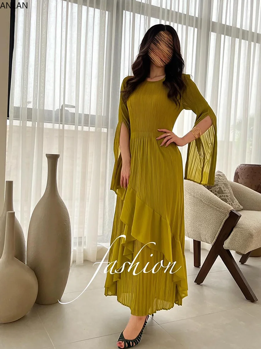 ANLAN Miyake Folds 2024 Spring New Ruffled Dress Fashion Pleated Full Sleeve Solid Color Plus Size Women A-line Long Skirt 9K207