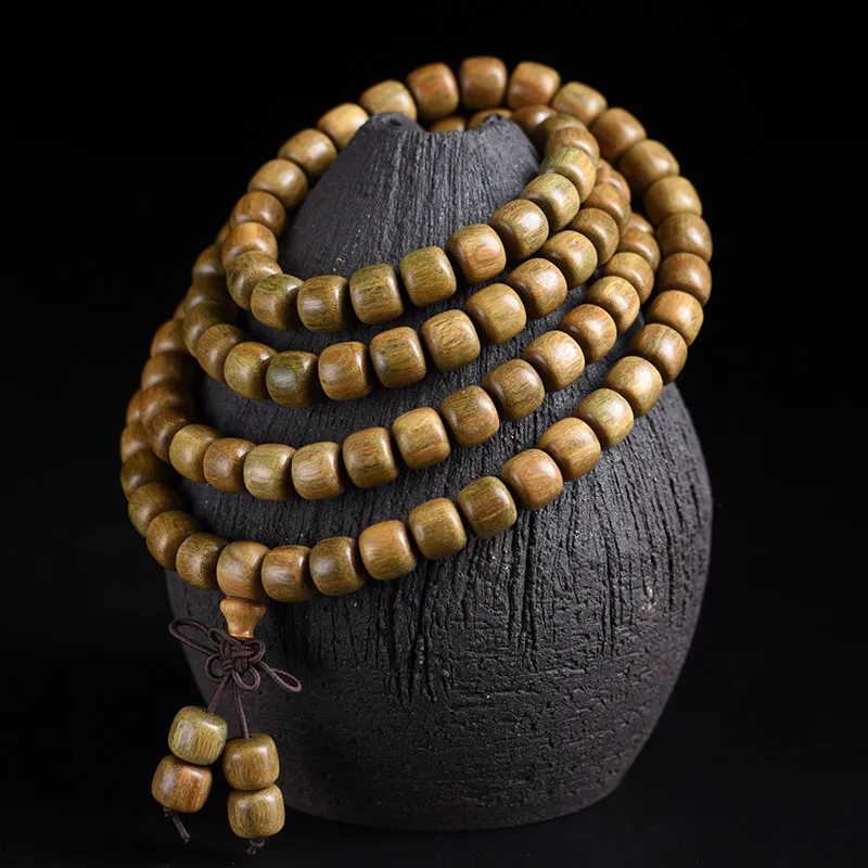 

Подлинный браслет-мала из зеленого сандалового дерева (агарового дерева) с 108 бусинами 8 мм, винтажный, в форме бочонка, для мужчин, женщин и пар, молитвенные бусы