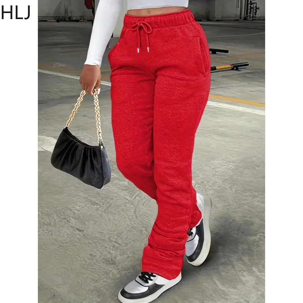 HLJ Autumn Winter Drawstring Jogger Pants Women High Waisted Stacked Trousers Casual Female Solid Color Matching Sporty Bottoms