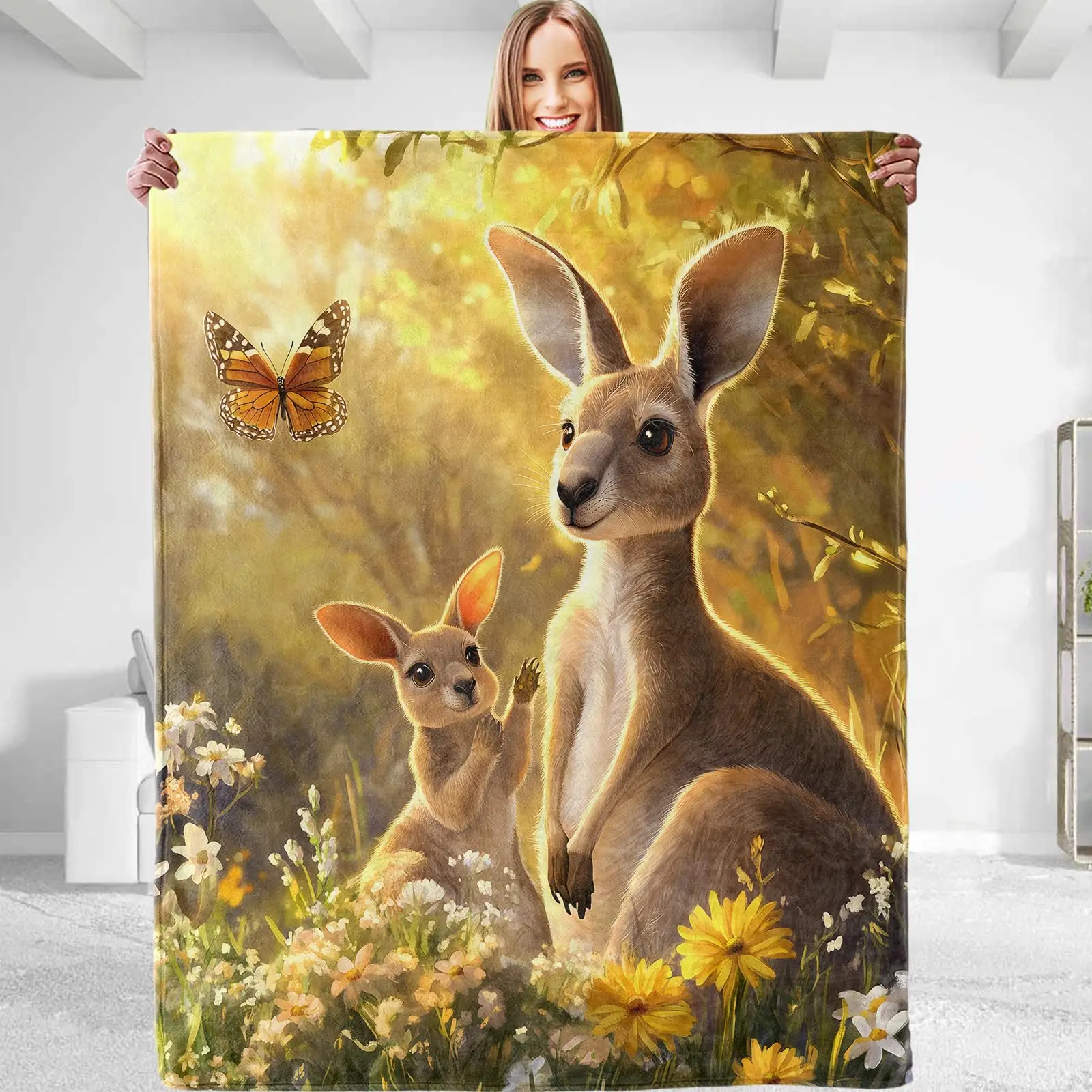 Kangaroo Blanket - Plush Soft Comfy Lightweight Warm Fuzzy Cozy Flannel Throw Blanket for Couch, Travel, Bed, Office, Outdoor