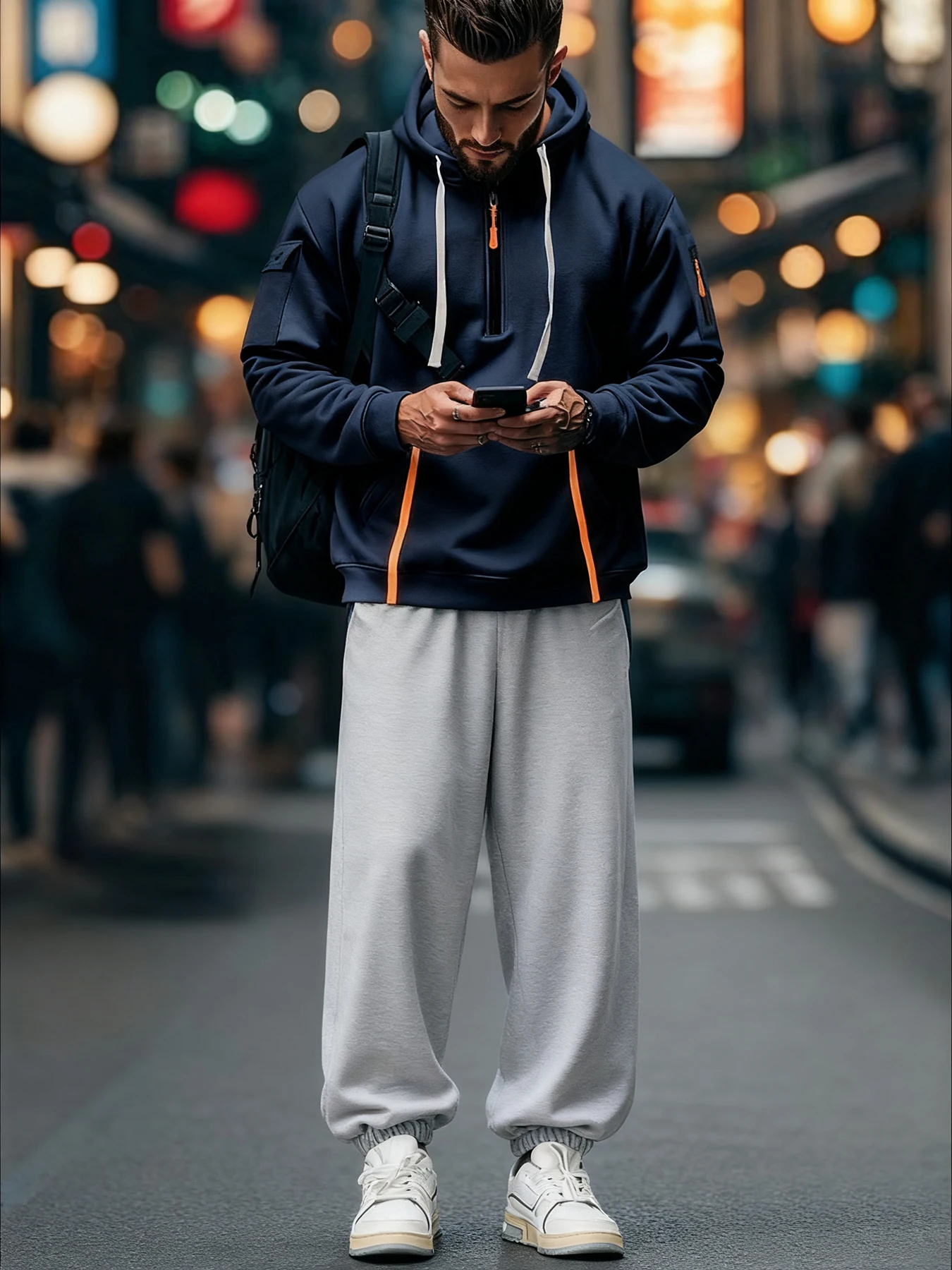 

Men's casual and fashionable tie-waist hoodie and loose-fit cuffed pants, a trendy match.