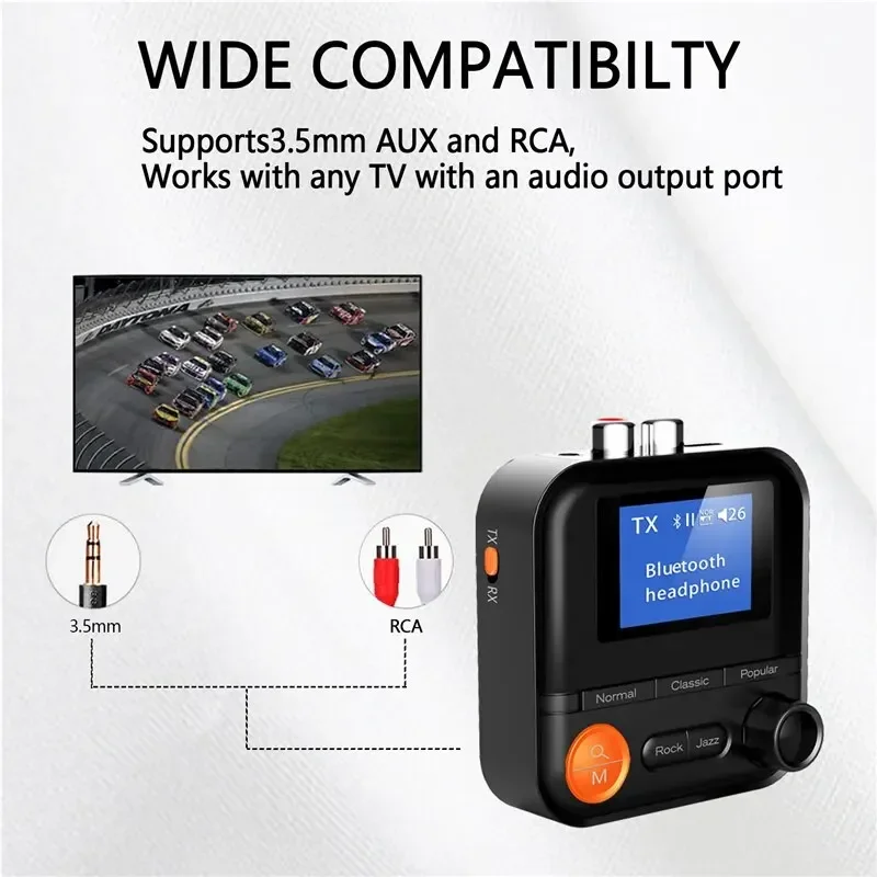 2 In 1 Bluetooth 5.2 Audio Transmitter Receiver 5 EQ Modes 3.5mm AUX RCA Jack Stereo Wireless Adapter for TV PC Car Kit Speaker