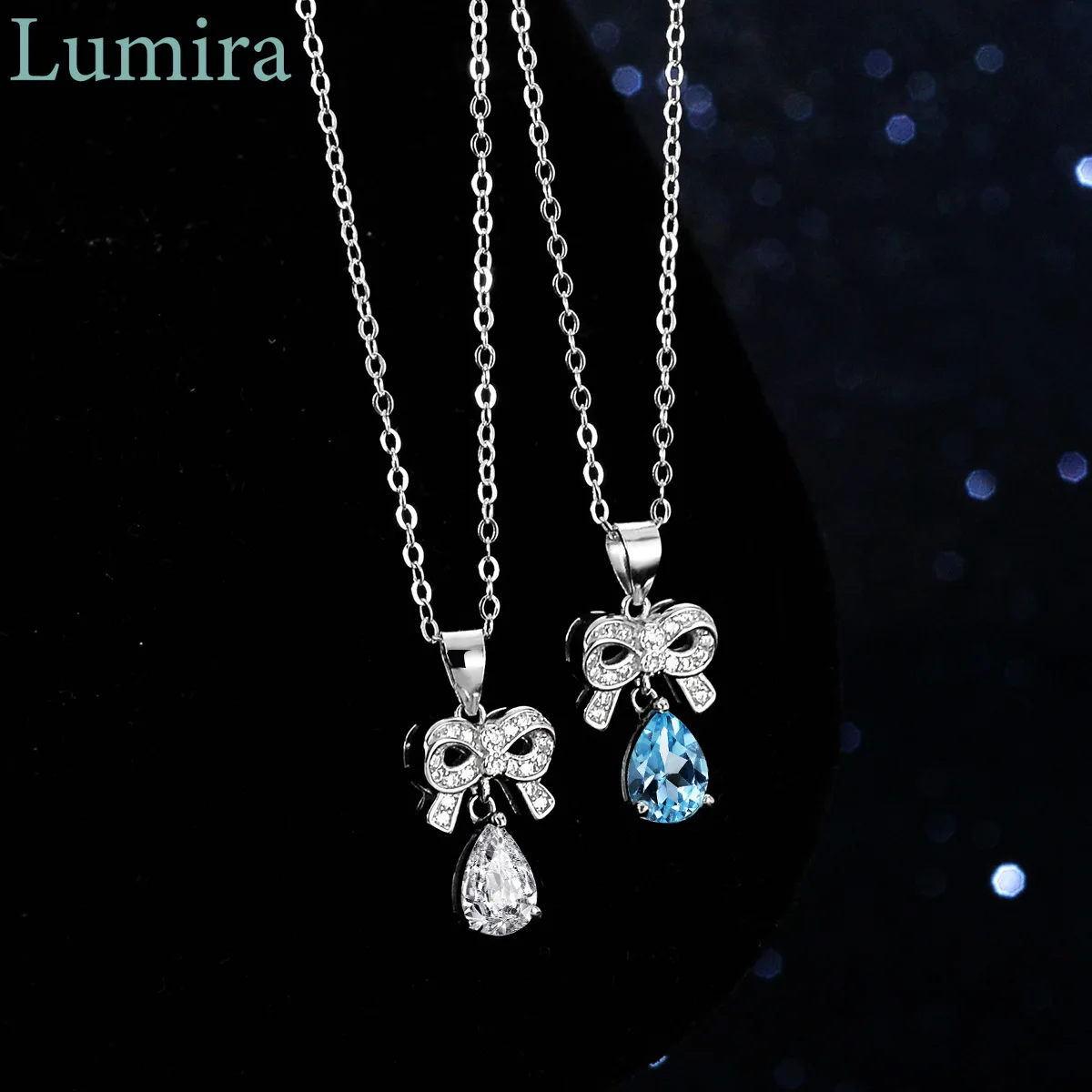 Lumira Vintage Inspired Design 1-Carat Bow Drop PT950 Platinum Necklace with Natural Blue Topaz / Moissanite Pendant for Women
