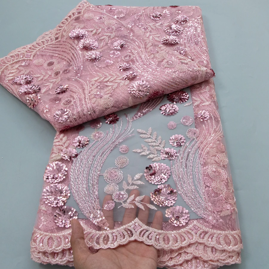 Pink French Sequins Lace Fabric 2026 High Quality Embroidered 5 Yards African Nigerian Mesh Tulle Lace Fabric for Women Dress