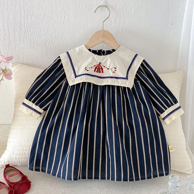 2026 New Autumn European American Style 0-6Yrs Girl Party Dress Long Sleeved Cotton Stripe Splicing Kids Princess Dresses