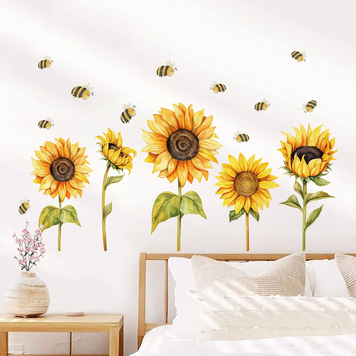 สีน้ําดอกทานตะวันที่มีสีสันผีเสื้อสติ๊กเกอร์ติดผนังสําหรับ Windows ห้องนั่งเล่นเด็กตกแต่งห้อง Wall Decals ตกแต่งห้องนอน