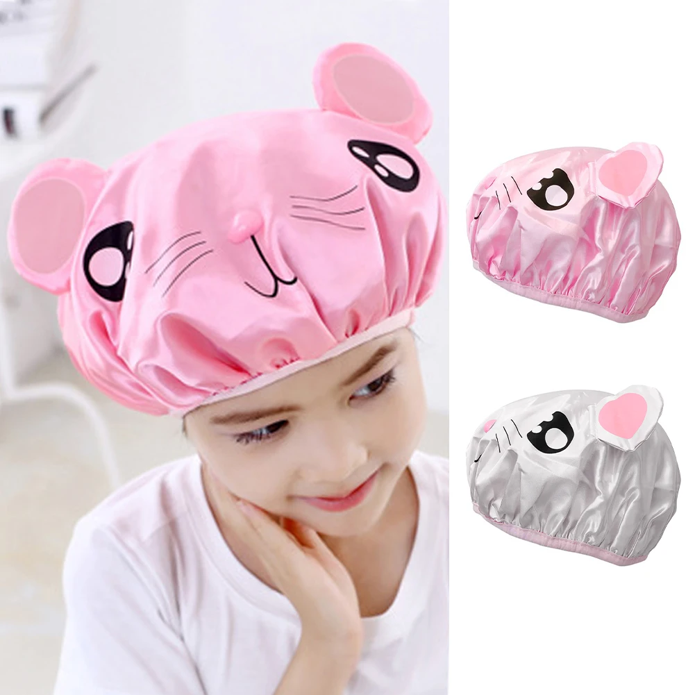 2pcs Kids Cartoon Bath Cap Double Layer Reusable Bathing Hat Head Cover Home Bathroom Waterproof Cute Children Shower Cap