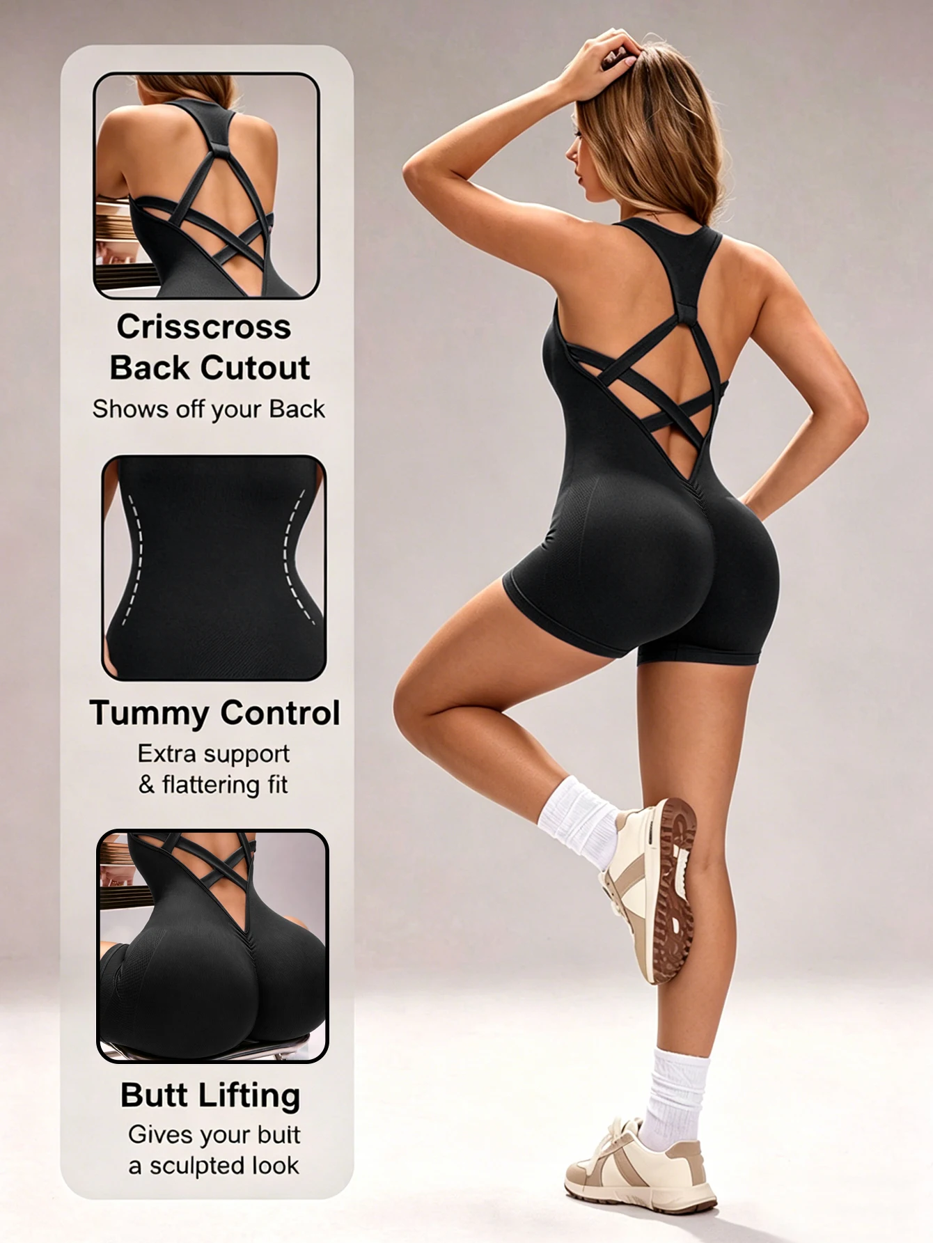 Sleeveless Seamless One Piece Workout Romper Criss‑Cross Back Tummy & Butt Support Yoga Jumpsuit For Training Daily Street Wear