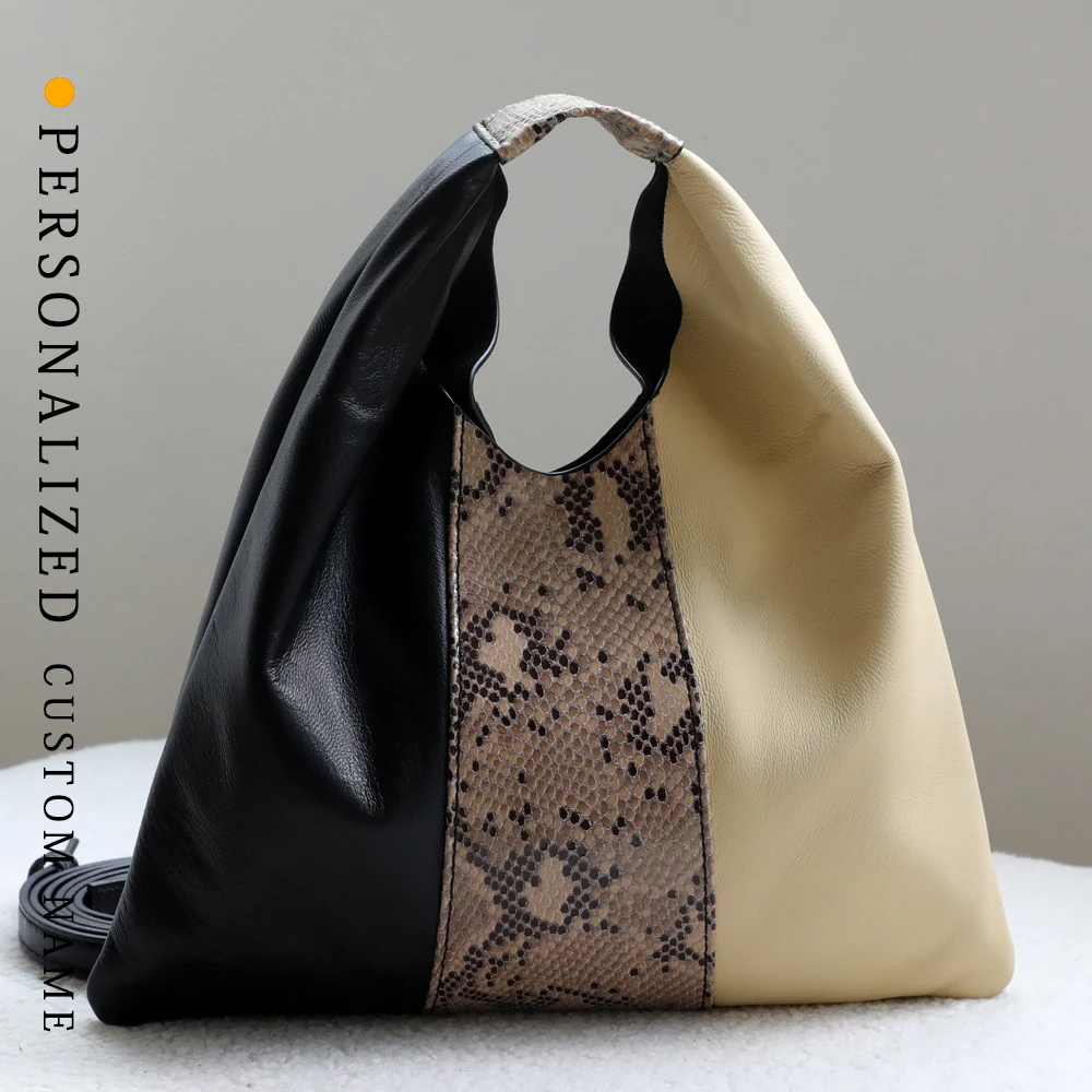 

Unique Design Goatskin Bag Triangular Shape Snake Print Contrast Color Handheld Purse Simple Stylish Crossbody Tote woman bag