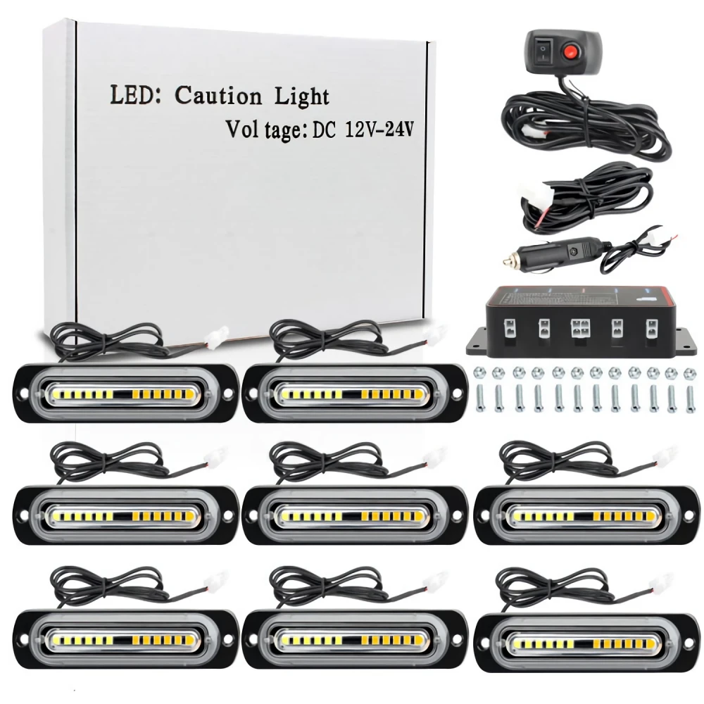 1 Set 8*12LED 12V Strobe Lights For Car Emergency Ambulance Police Flashing Light With Switch Red White Amber Blue