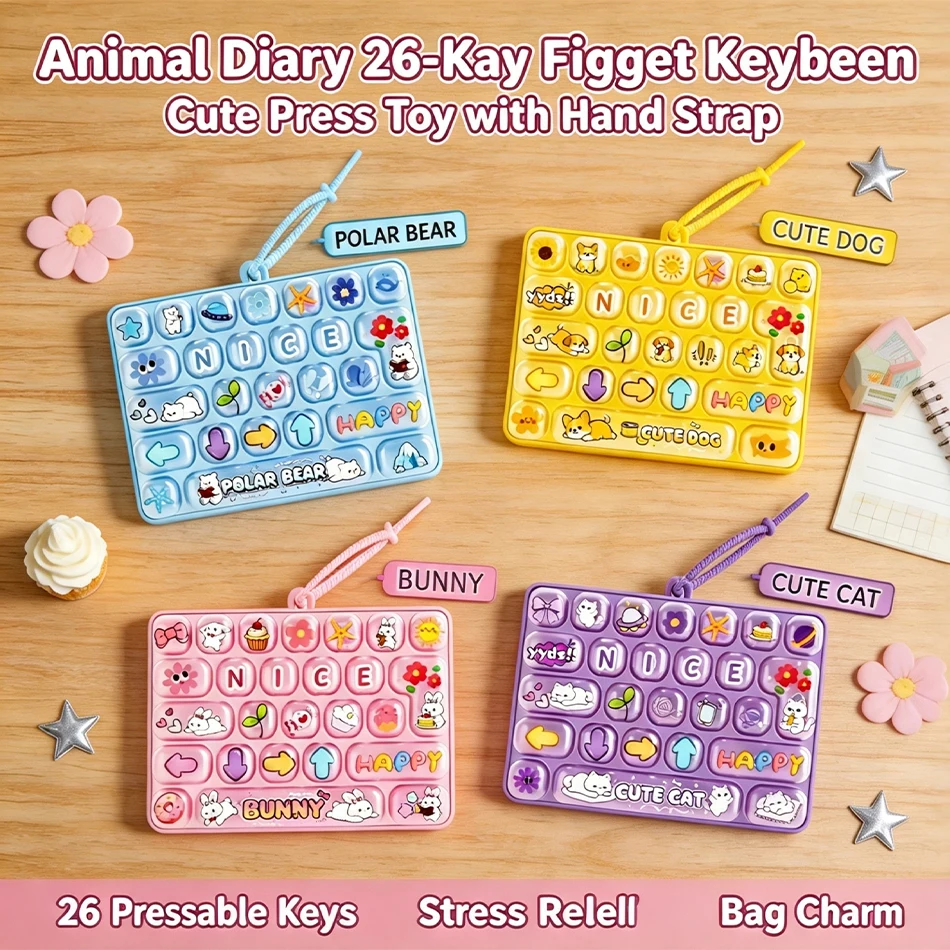Novelty 26 Silicone Animal Diary Fidget Keyboard Keychain Stress Relief Bubble Popping Toy Backpack Hanging Ornament Pendant