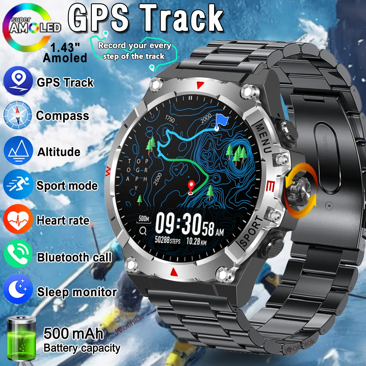 

Смарт-часы с большой батареей, 500 мАч, GPS-трек, 1,43 дюйма, AMOLED-экран, компас, высотомер, водонепроницаемые умные часы с Bluetooth-вызовом для мужчин