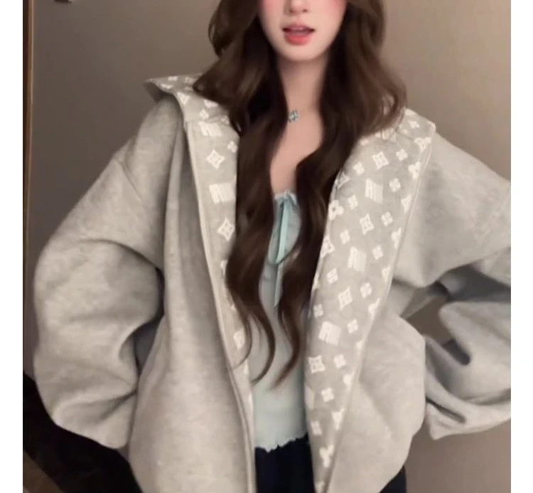 Lazy Wind Gray Hooded Sweater Jacket Women's Autumn and Winter Loose Sense of Leisure Short Section Zipper Loose Cardigan