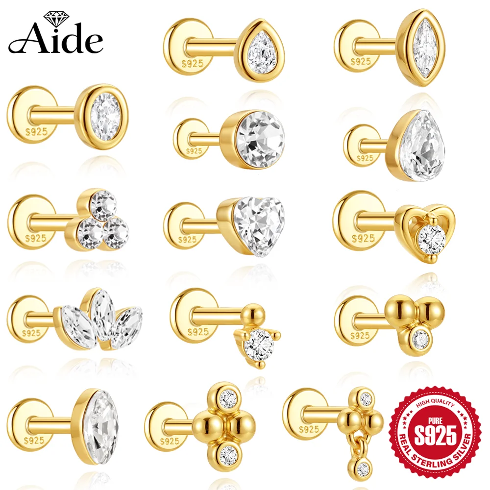 AIDE 925 Sterling Silber Klassischer Geometrischer Herz-/Kronen-Zirkon-Mini-Kugel-Quasten-Ohrstecker für Damen mit flacher Rückseite und Spiralpiercing für den Ohrknorpel