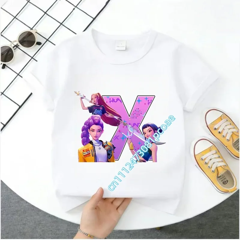 K Pop Demon Huntersd Children's Short-Sleeved Girls' Casual Shirt - Summer Pure Cotton T-Shirt with Letter A-Z Cartoon Print