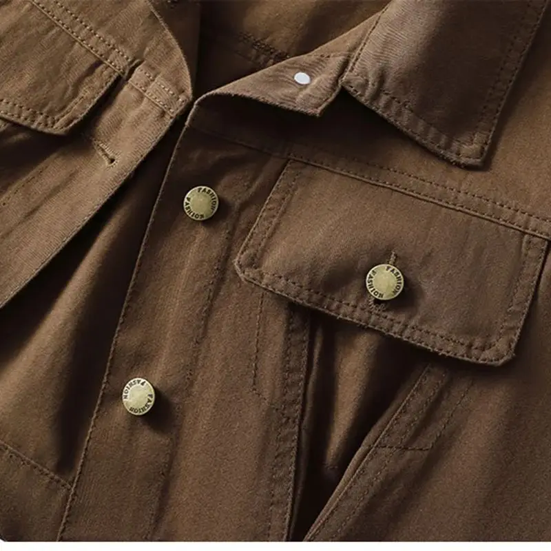 Retro Brown Short Denim Jacket Turndown Collar Long Sleeves Loose Fashion Versatile Jacket 2025 Spring Autumn New Women's Top