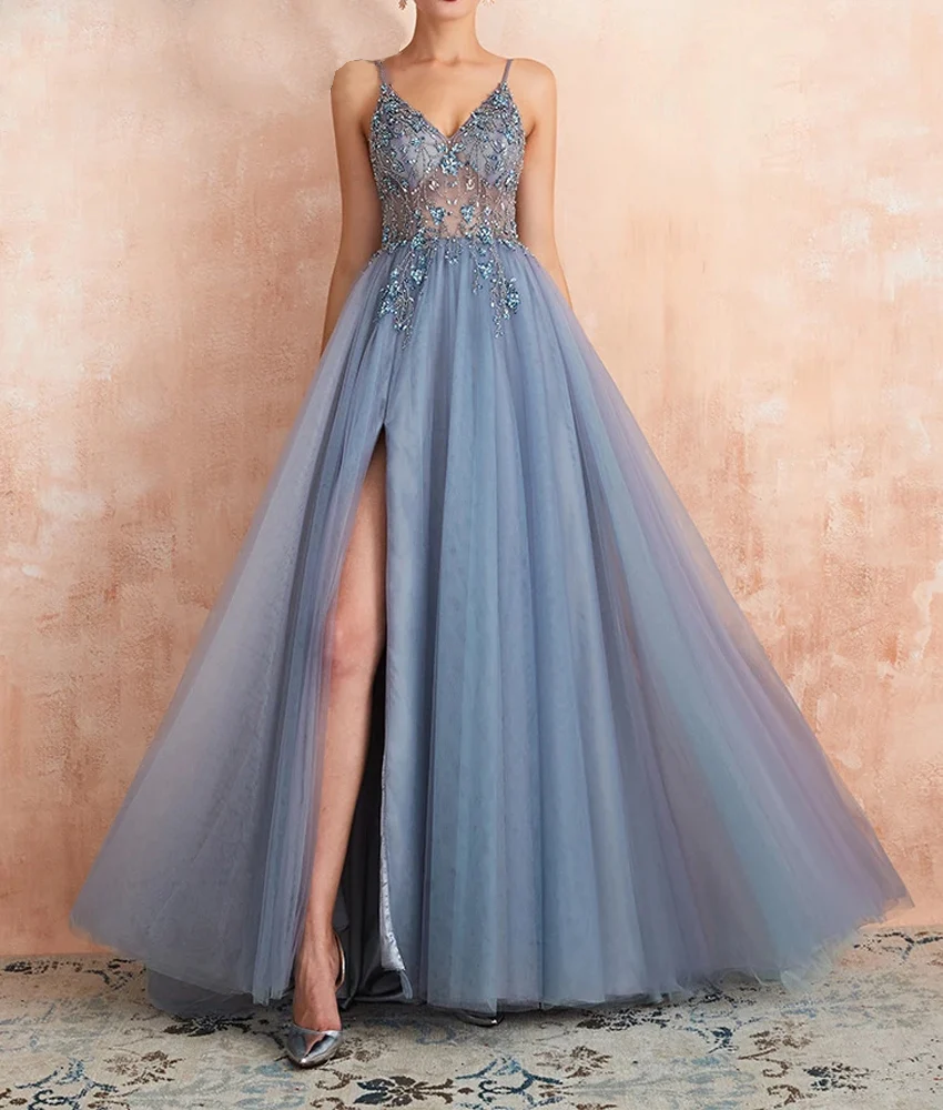

Customized Sexy Organza A-Line Spaghetti Straps Sequined Beading Evening Dress Delicate Sleeveless Sweetheart prom dresses