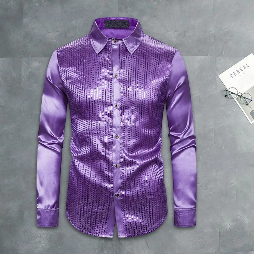 

Men Shirt Club Dance Shirt Shiny Sequin Lapel Single-breasted Slim Fit Glossy Long Sleeve Performance Men Top