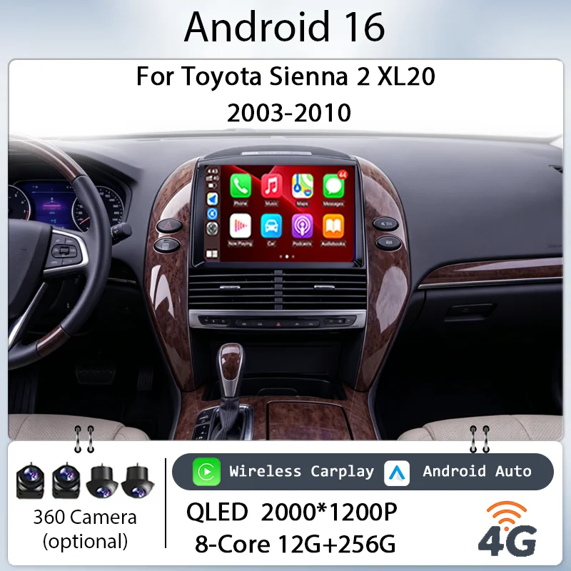

Touch Screen Wireless CarPlay GPS Navi BT WiFi DSP Player Kit 9" Android 16 for Toyota Sienna 2 XL20 2003-2010 Car Stereo IPS HD