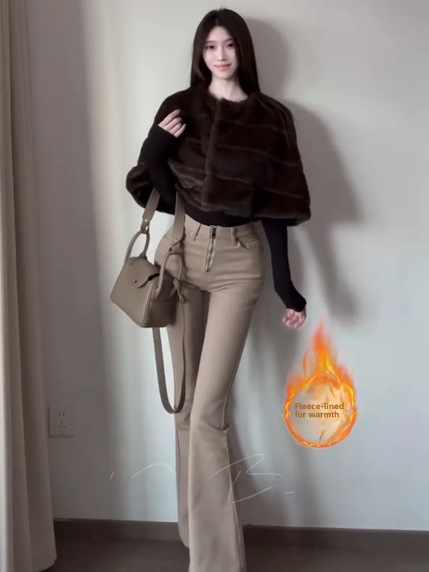 

Autumn Winter Thickened Fleece High Waist Slimming Hip Denim Pants Women's Classic Style Floor-Length Bell Bottoms