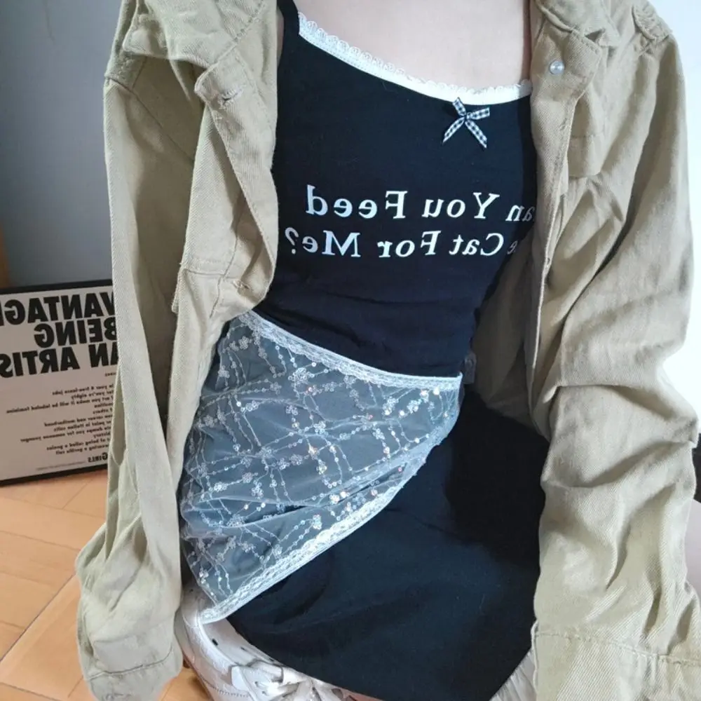 الحلو الكورية نمط الدانتيل تنورة صغيرة الشاش مثلث الترتر نصف تنورة Cummerbund فستان رقيق حزام الجينز الشارع الشهير