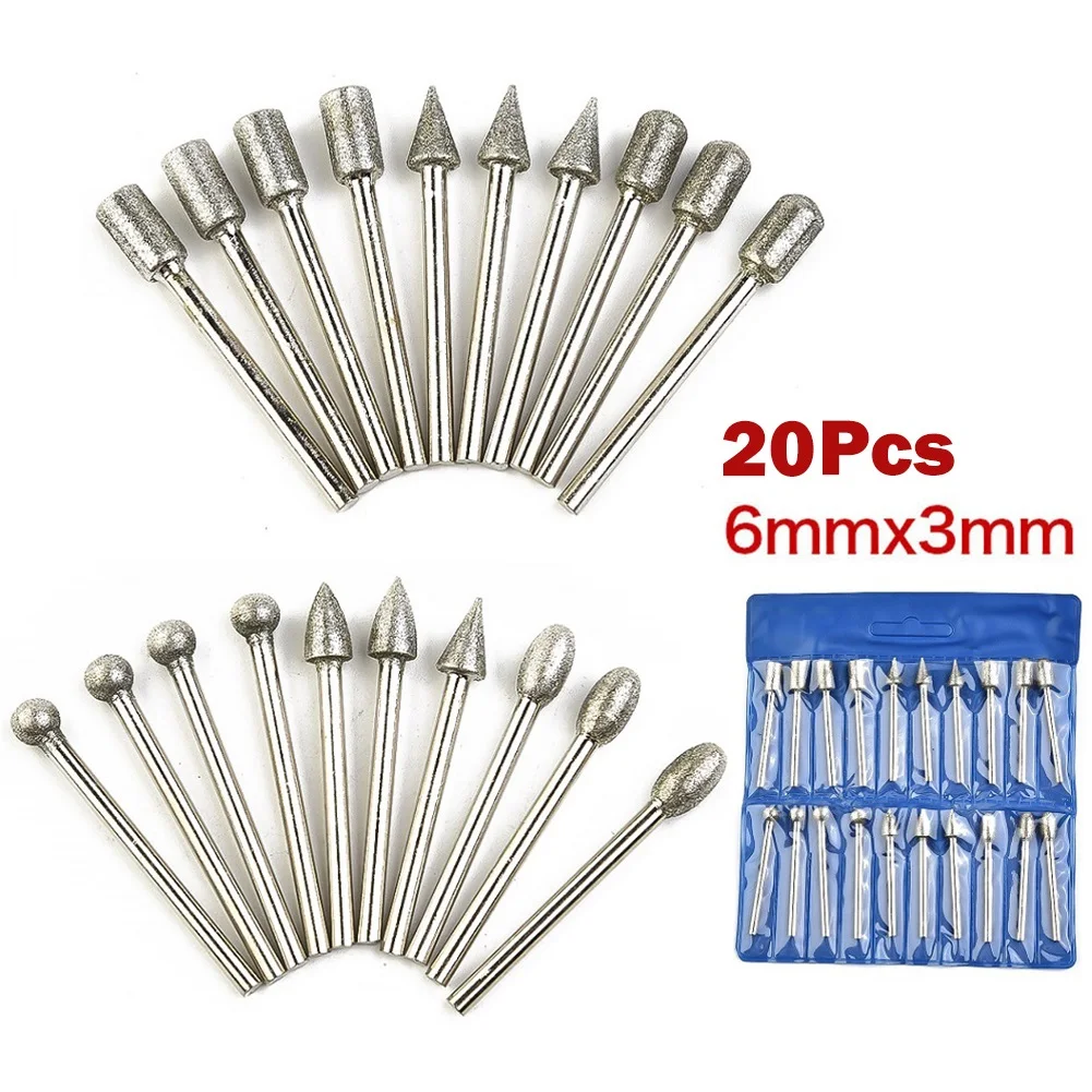 20pcs 3mm Diamond Grinding Heads Shank Burr Drill Bits Set 120 Grit Mounted Point Polishing Glass Stone Jade Engraving Accessory