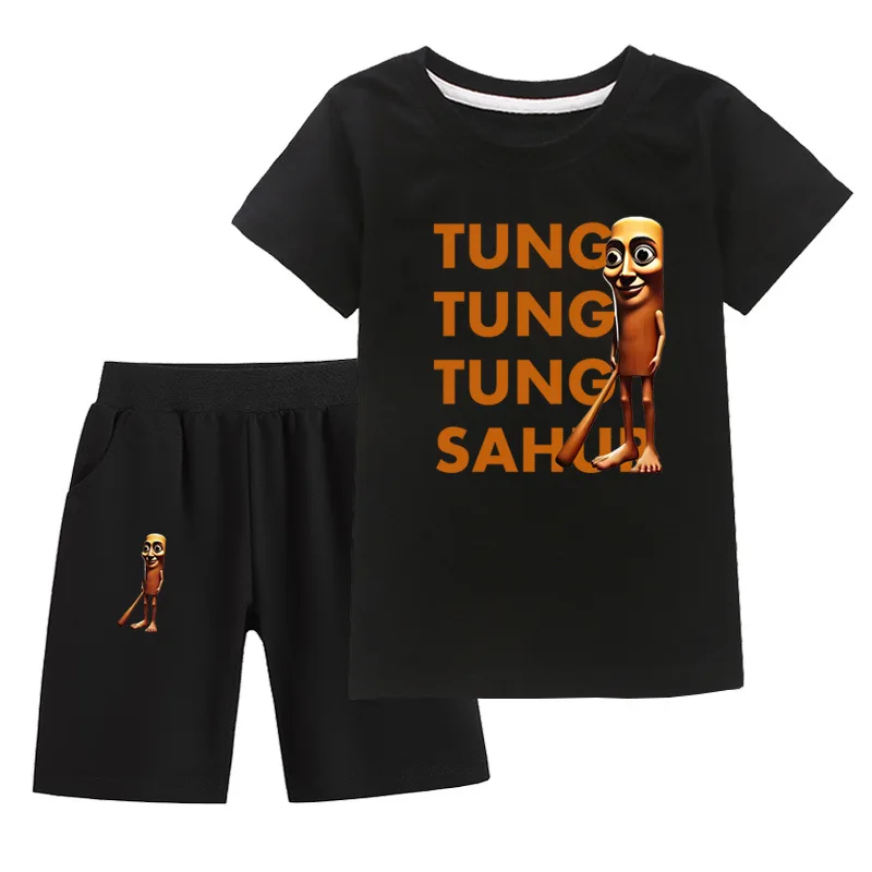 

Летний комплект спортивной одежды для мальчиков tung tung tung sahur, итальянская пижама Brainrot Meme для девочек, футболка с короткими рукавами + шорты, детская одежда