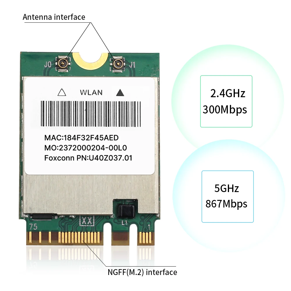 Hackintosh-Carte Wifi sans fil, bande de touristes, carte NGFF M.2, 1200Mbps, Bluetooth 4.0, BCMpayée ity 352Z, NGFF, stérilisation 11ac, adaptateur Wlan DW1560