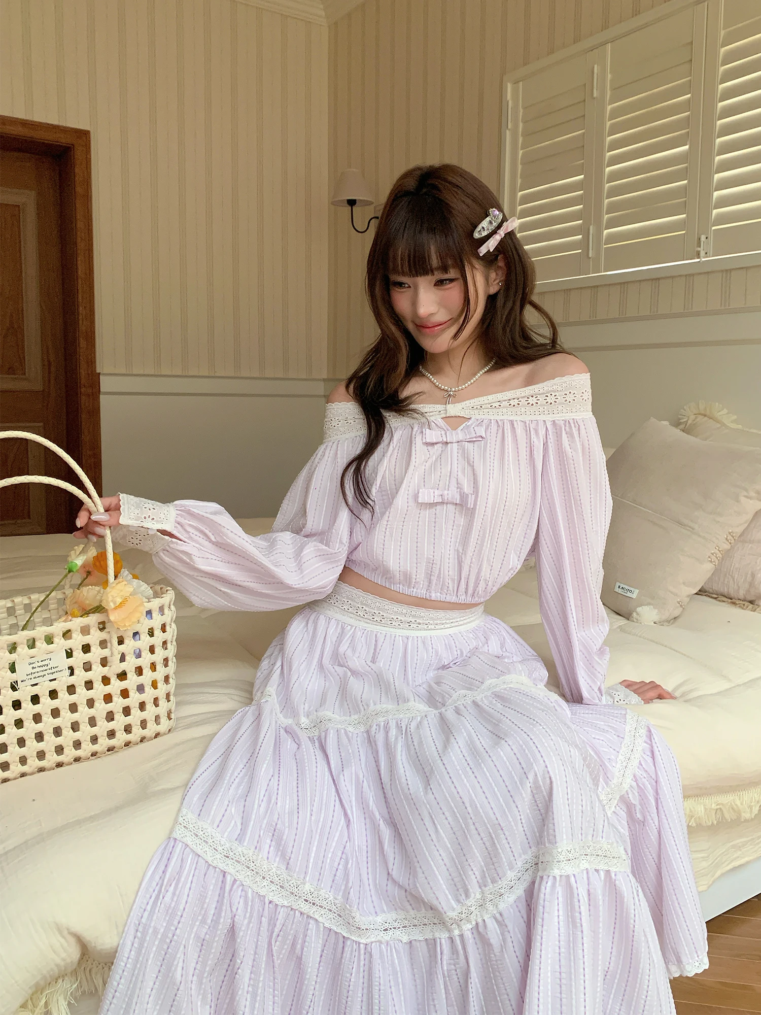 

Ele Embroidered Hollow out One oulder High Waist Skirt Set Women's Faion Spring Summer Two-Piece Ensemble Knot