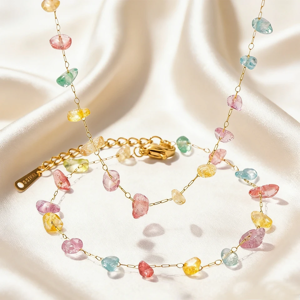 New Summer Niche Colored Natural Stone Bead Necklace Bracelet For Women's Fashion Light Luxury Temperament Accessories