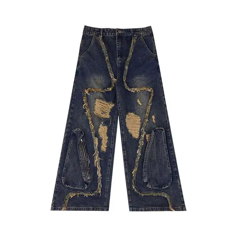 HKSH Autumn New Man Heavy Niche Deconstructed Tassel Ripped Jeans Retro Distressed Large Pockets Design Denim Cargo Pants HK8749