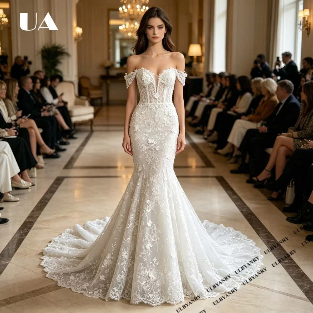 

2026 New Exquisite Mermaid Lace 3D Flower Evening Dress, Elegant Off-the-shoulder Wedding Dress, Customized Train Party Dress