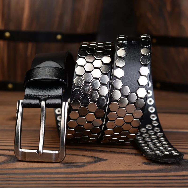 

Rock Punk Belts Geometry Pattern for Male Men Rivet Studded Belts First Layer of Cowskin Hip Pop Decorative Belts For Jeans