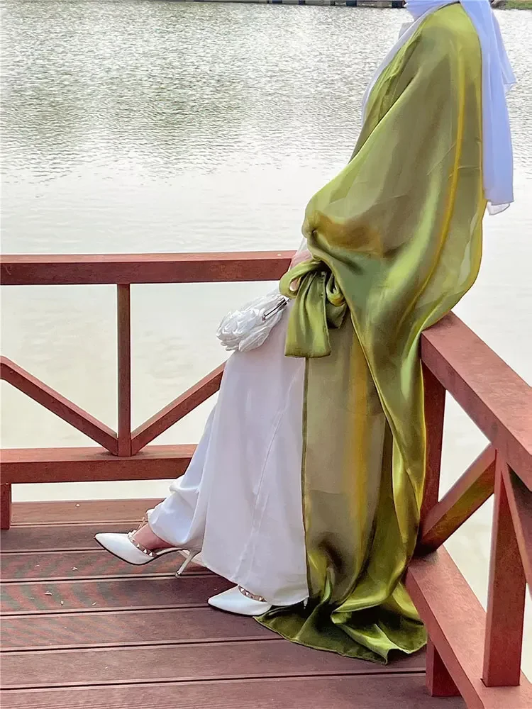 Organza Open Abaya Shimmering Kimono Women Summer Puff Sleeve Muslim Arabic Long Dress Islamic Dubai Turkey Modest Outfit Abayas