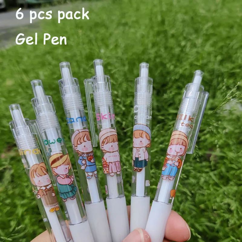 Kawaii 6 PCS PACK Gel Pen Funny Little Girl Style Quick-Drying Carbon Pen Office Aesthetic Stationery Pretty School Supplies