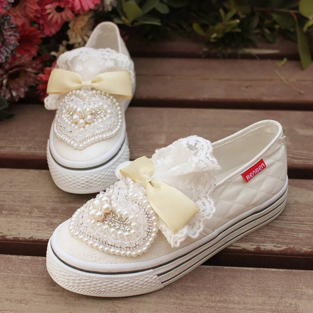 Handmade Crystal lace Princess Shoe Size 40  Autumn Flats Women Shoes Slip-on Lazy Canvas Shoes Loafers Zapatos Mujer