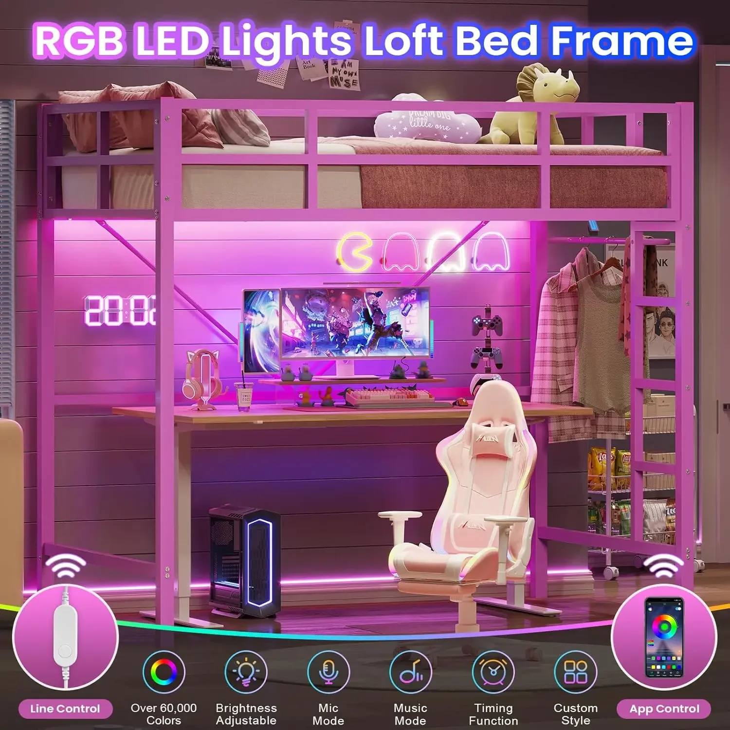 [High-Quality, Hot Deal!]Twin Pink Loft Bed with LED Lights, Loft Bed Twin Size with Full-Length Guardrail &Clothes Rack, Heavy