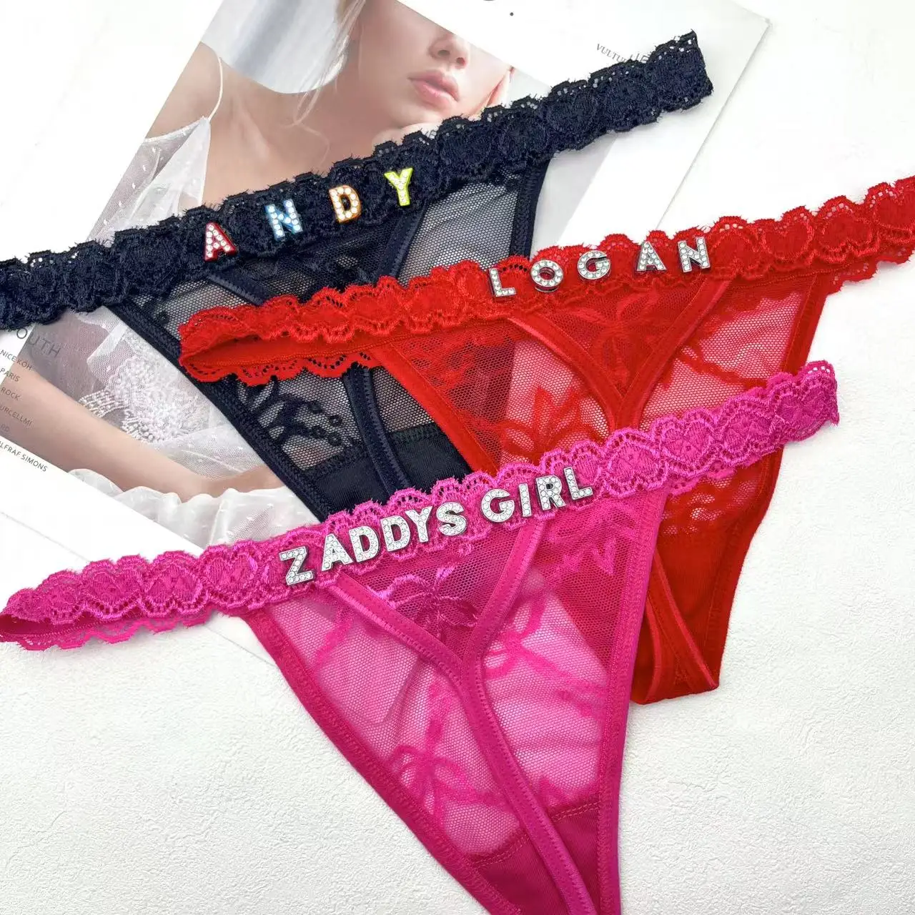 

Sexy Custom Name Thong Panties with Crystal Letters Customized Thongs Personalized Underwear Colorful Customized Jewelry