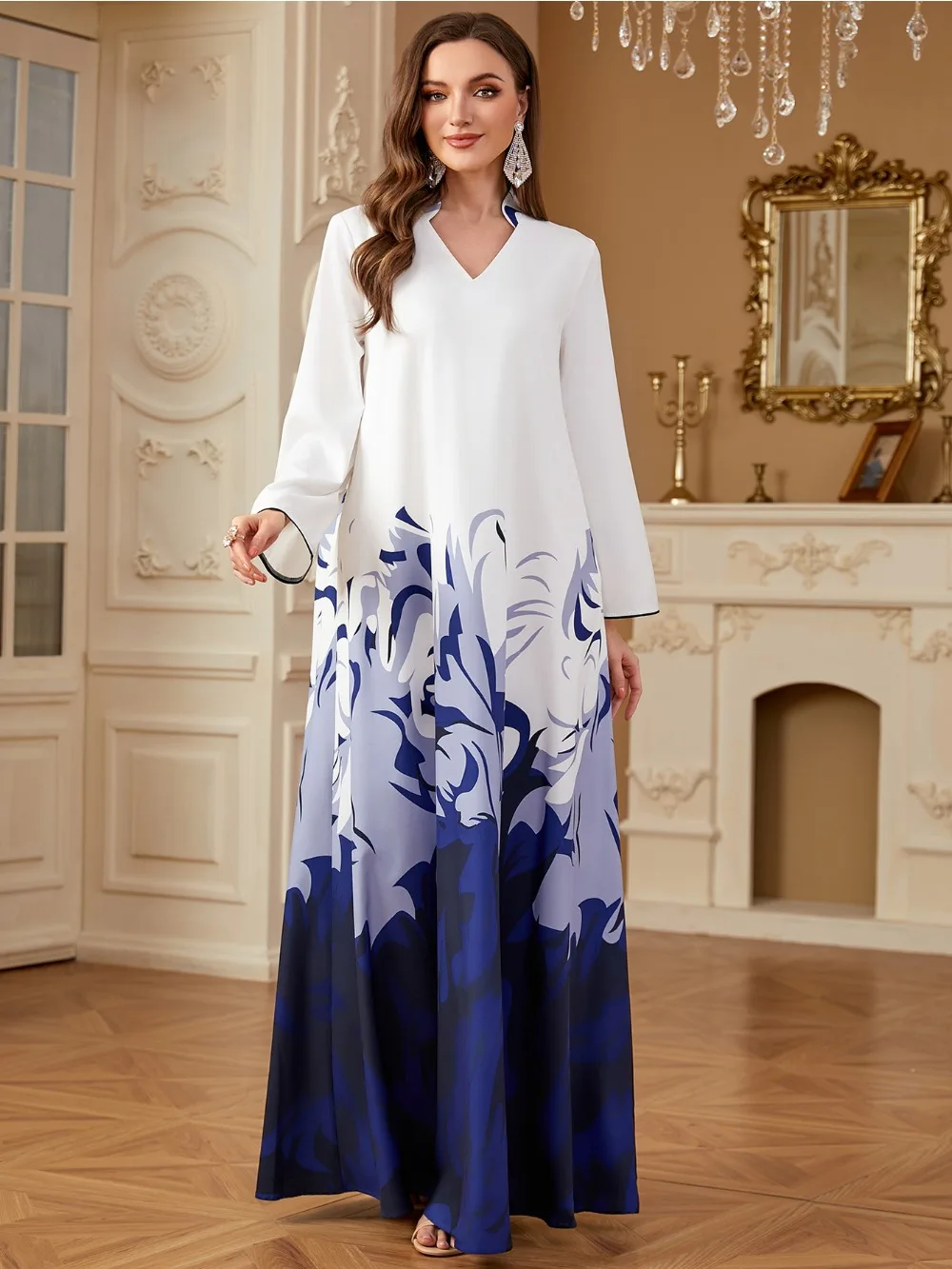 دبي فستان نسائي مطبوع عباية عيد الخامس الرقبة فساتين طويلة قفطان إسلامي رداء جلابية رمضان المغرب قفطان فيستدوس لارجوس 2025 #2