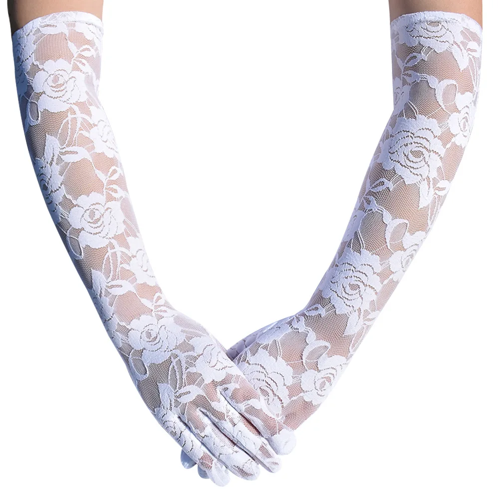 Fashion Retro Black Lace Floral Long Gloves Women Sexy Thin Transparent Elasticity Mesh Punk Wedding Stage Performance Cosplay