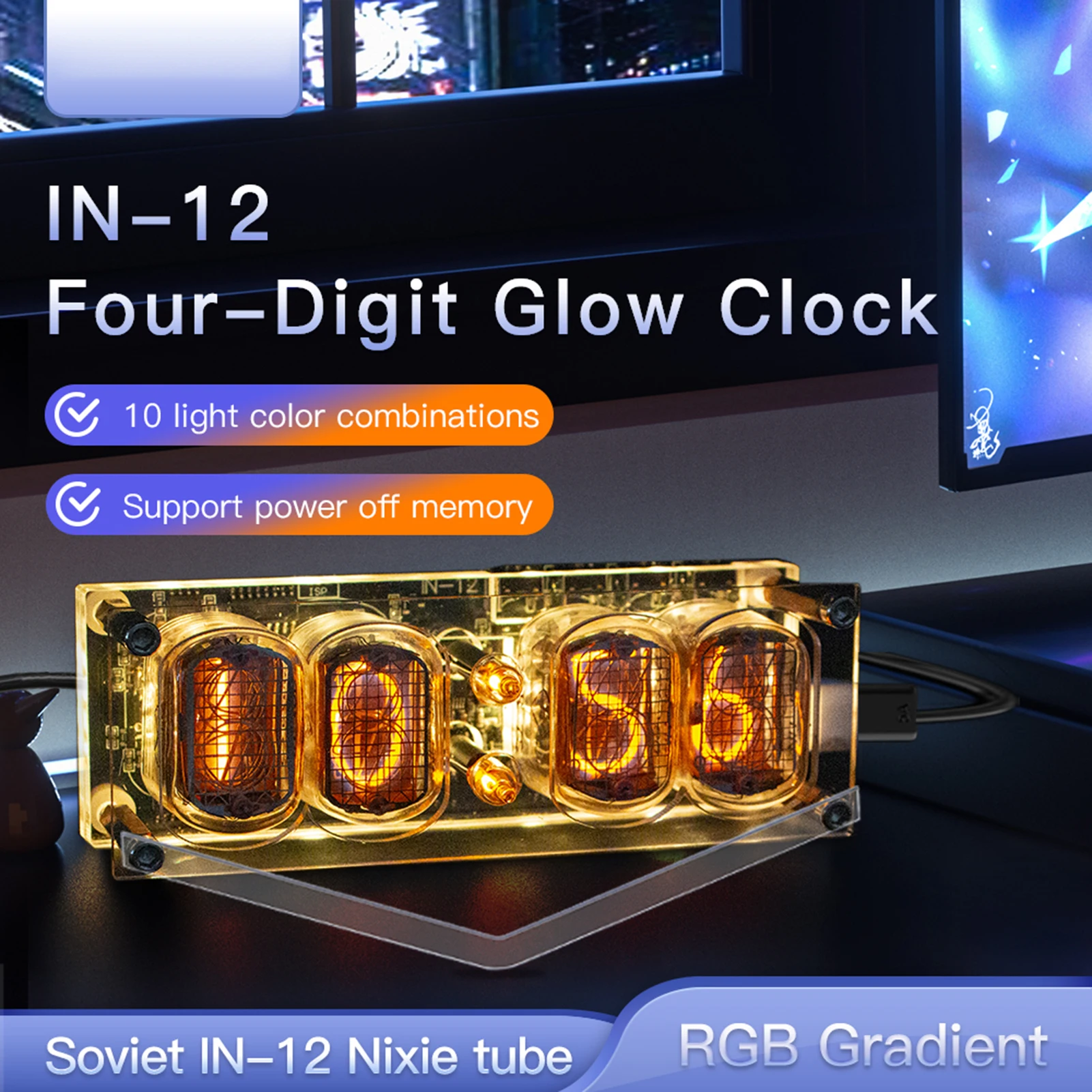 

Nixie Tube Clock IN12 4 Digits with Power Failure Memory 10 RGB Ambient Light Modes Retro Digital Clock Timer Function Type C