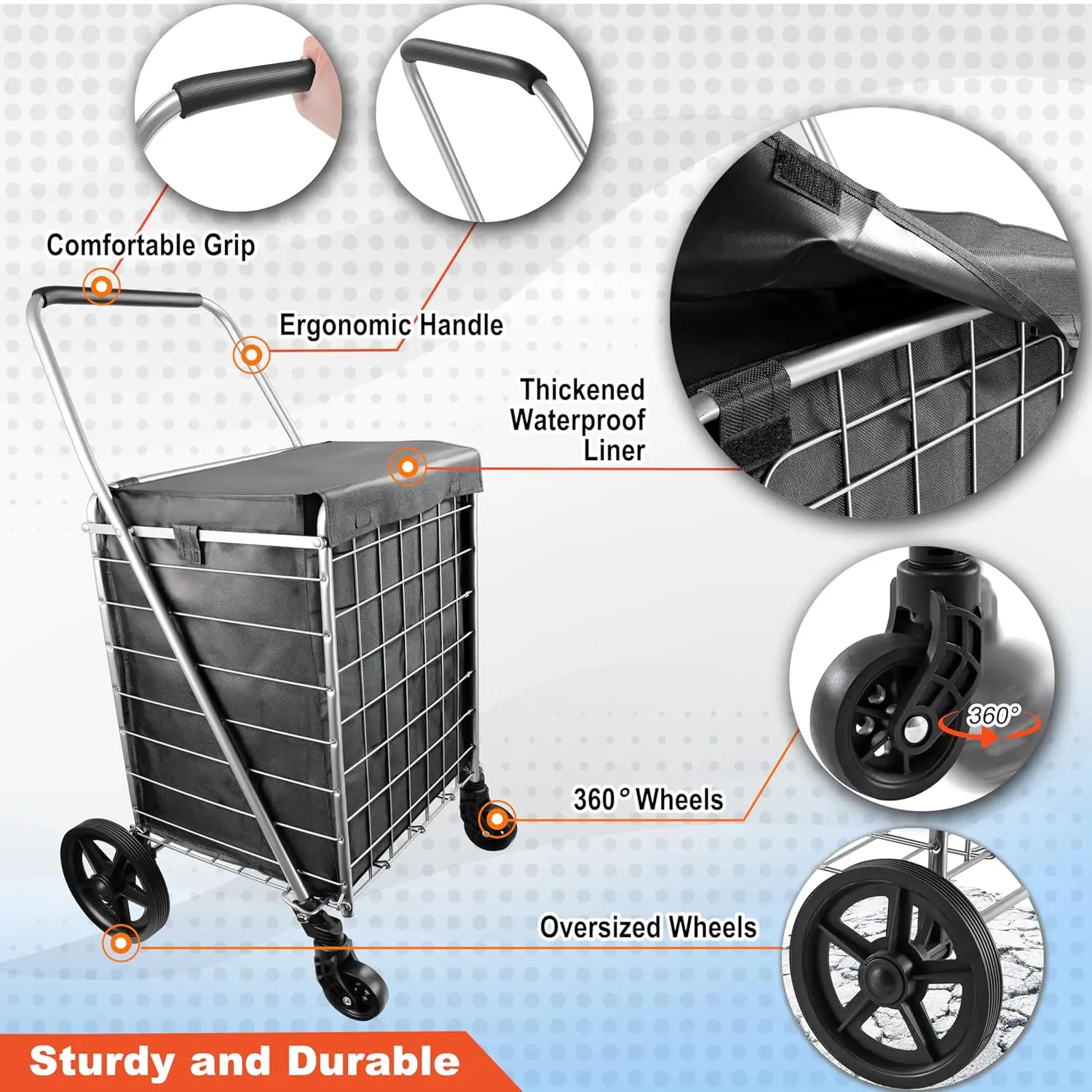 Lightweight Heavy Duty Foldable Grocery Trolley With Flexible Swivel Wheels Space Saving Compact Collapsible Design For Daily Shopping Hauling