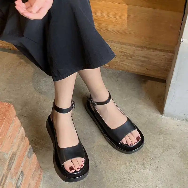 Krazing Pot New Cow Leather Peep Toe Thick Bottom Solid Summer Shoes Leisure Fashion Comfortable Buckle Strap Women Sandals L53