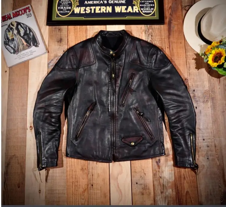 YR!Free shipping.Classic motor Rider style real leather jacket.Men Vintage brown soft 1.2mm tea core horsehide coat.tough guy