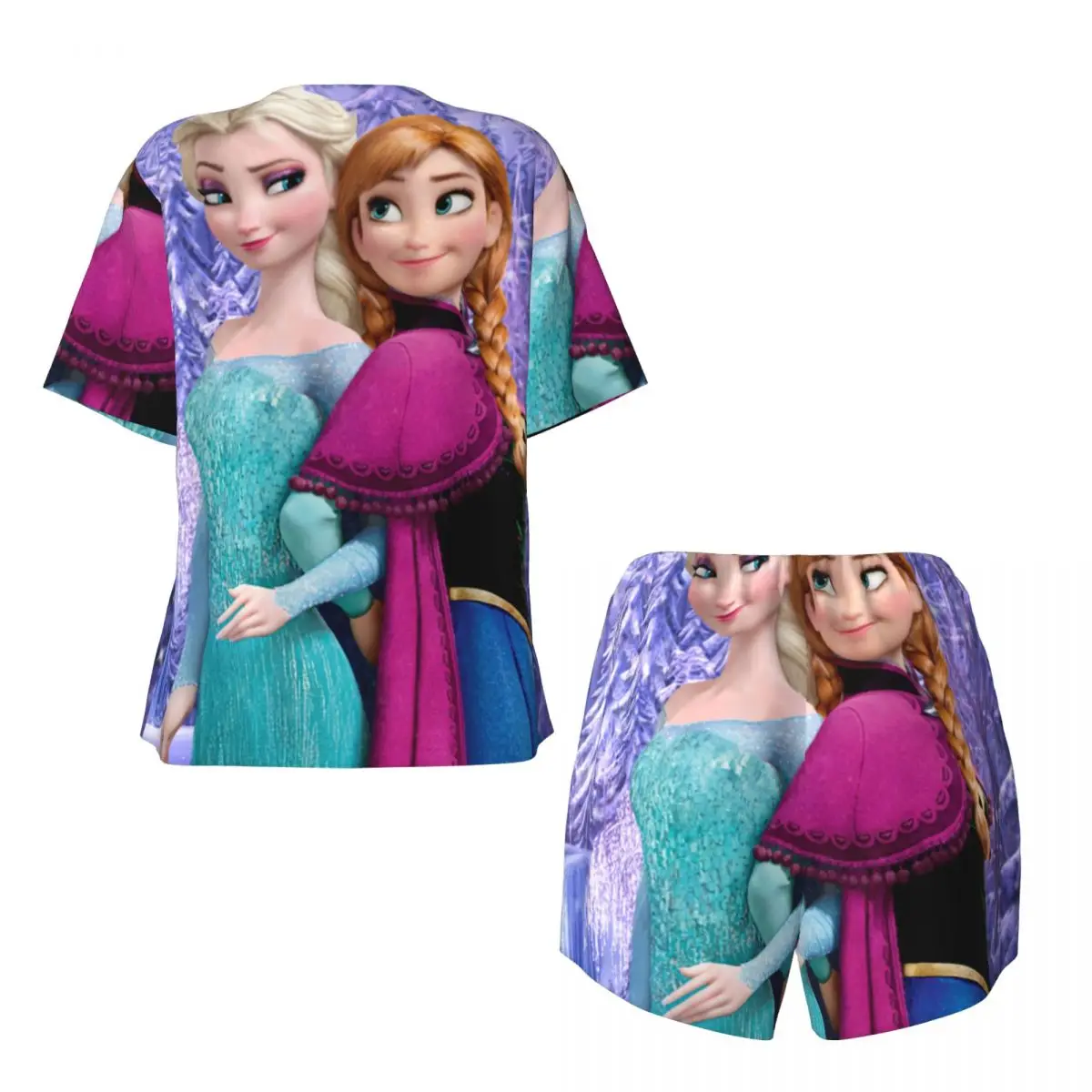 Custom Printed Women Cartoon Frozen Pajamas Set Short Sleeve Anna And Elsa 2 Piece Sleepwear Pjs Lounge Sets