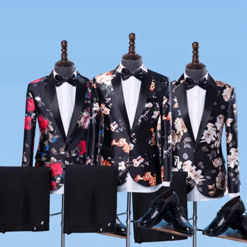 Auriparus flaviceps Floral Groom Tuxedos 2 Pieces Groomsman Suit Costumes white pant Printed Suits Performance Man Suits Stage