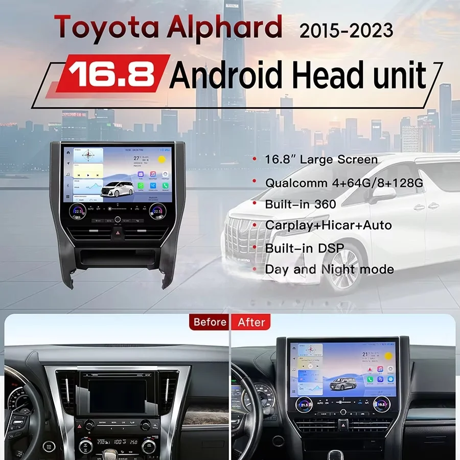 

16,8-дюймовый автомобильный мультимедийный центр для Toyota Alphard Vellfire 30 серии A30, обновление до Alphard 40 серии 2015-2023, с Carplay, Android, GPS и видеоплеером