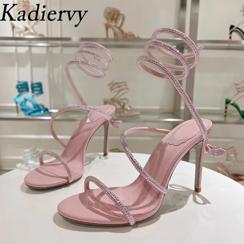 Luxury Crystal Butterfly-knot Sandals Woman High Heels Snake Twine Around Ankle Strap Party Shoes Summer Gladiator Sandals Women